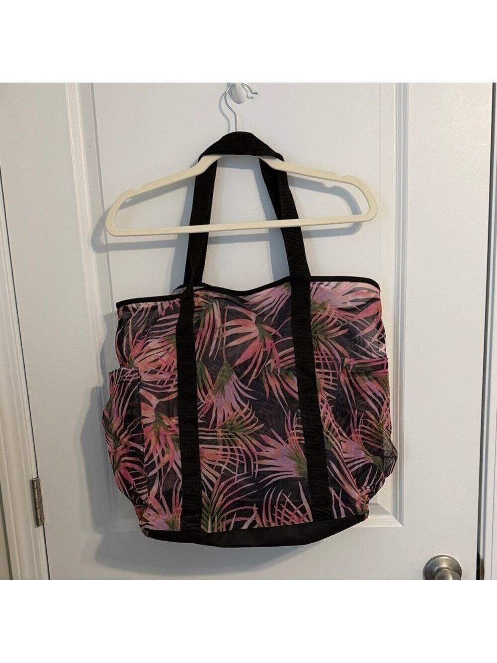 Pink & Black Tropical Leaf Mesh Beach Tote Bag | Large Pool Travel Shopper - Picture 2 of 2